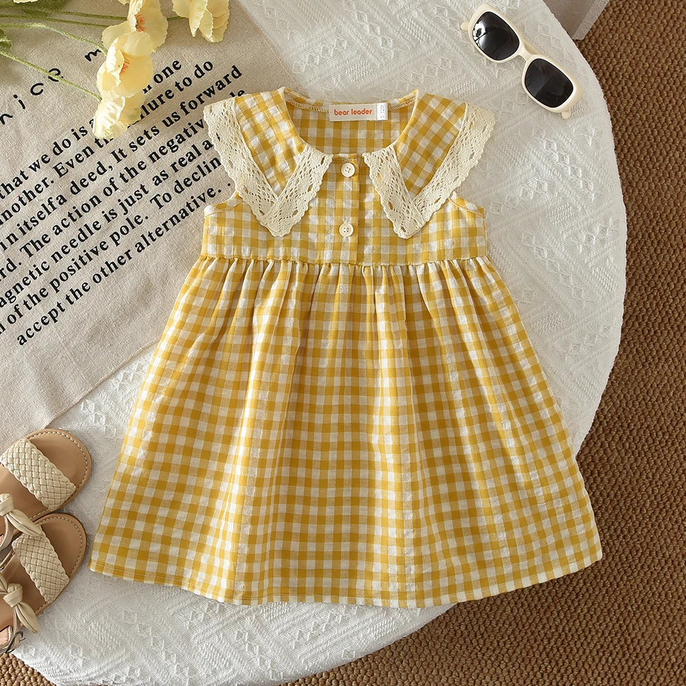Sweet and Cute Baby Clothing Checkered Printed Girls' Casual Dress Summer Lace Splicing Sleeveless Collar Princess Dresses