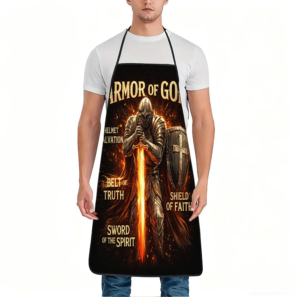 1pc Armor of God Warrior Print Apron, Durable And Easy to Clean, Adjustable Waistband, Polyester Material, for Kitchen Cooking,