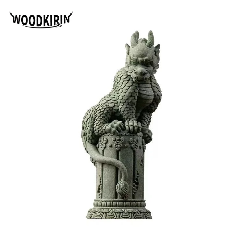 China Mascot Pan Dragon Pillar Decorative Statue Green sand stone sculpture Home Living Room, Room Office Aquarium Statue