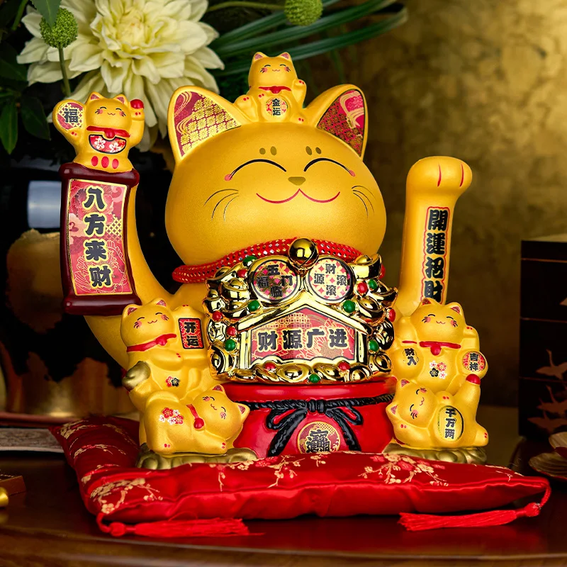 13.3 Inch Large Maneki Neko Ceramic Lucky Cat Beckoning Cat Ornament, Golden Fortune Cat Figure Statue Business Decoration
