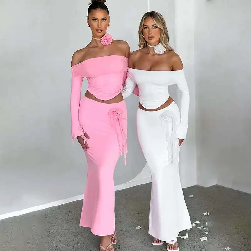 

Sexy Mermaid Skirt Dress Sets Club Party Two Piece Set Women 2025 Autumn Off Shoulder Flare Sleeve Bodycon Flower 2 Piece Set