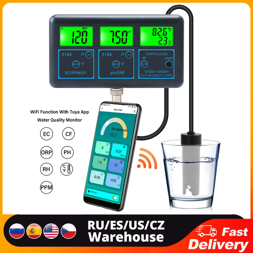 

Tuya WiFi 7in1 Water Quality Tester Water Analyzer PH/ORP/EC/PPM/CF/Humidity/Temperature Monitor Water Quality Detector PH Meter