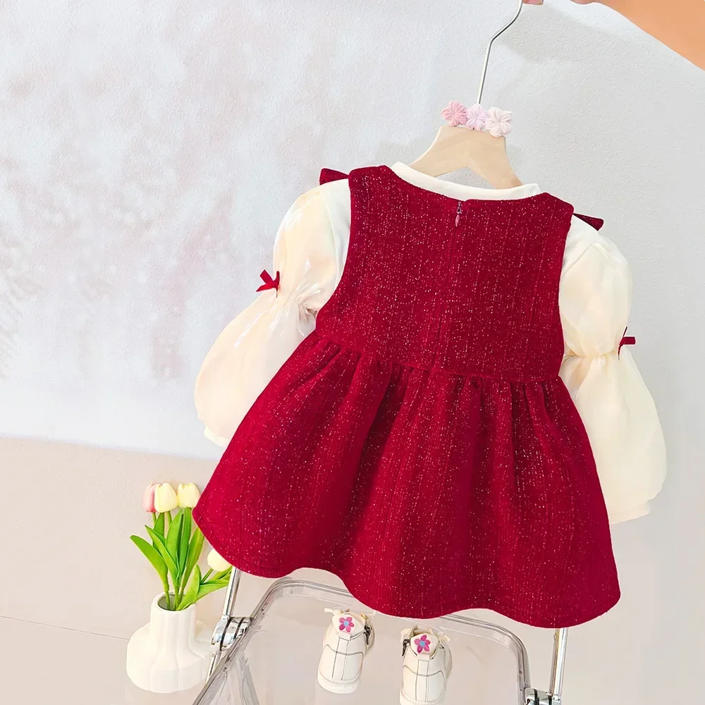 New Winter Baby Girl Clothes Sets Sweet Birthday Dress Red Baptism Vestido Infantil Bowknot Princess Dresses for Wedding Party