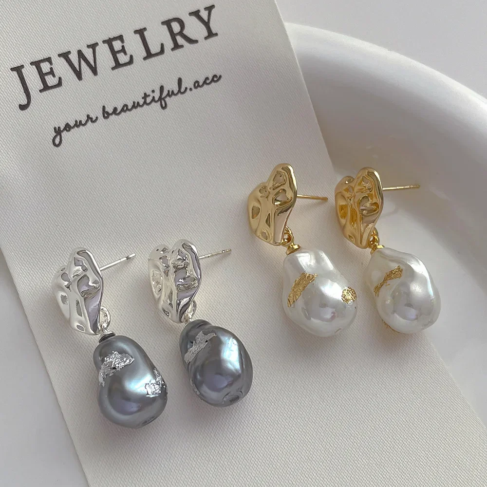 Minar Unusual White Grey Color Irregular Baroque Pearl Drop Earrings Real Gold Silver Plated Brass Heart Earring For Women