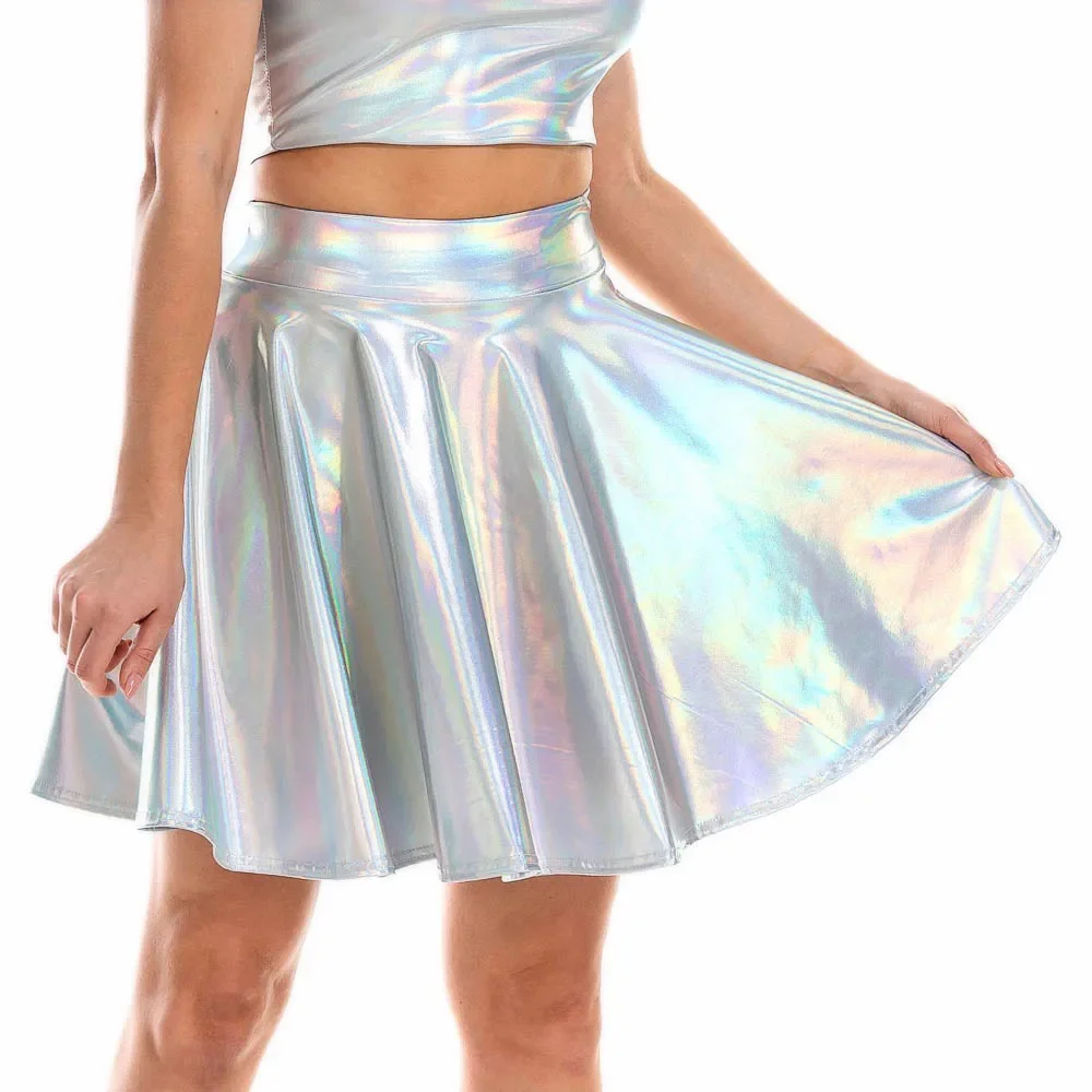 Summer Sexy Laser High Waist Mini PU Leather Skirt Club Party Dance Shiny Holographic Harajuku JK Metallic Pleated Skirts Skirts