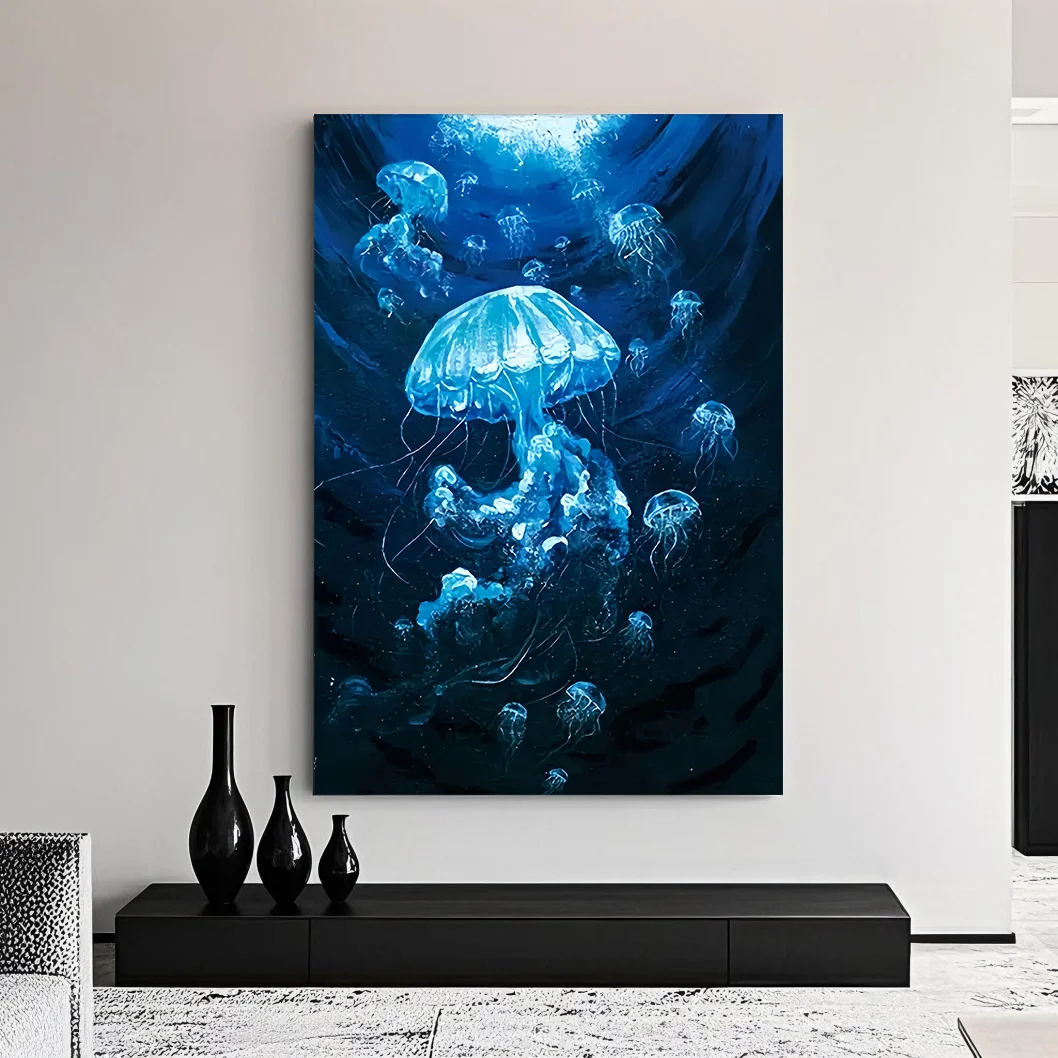 2D Flat, 1pc, Frameless, 31.49x47.24 inches, 2D Flat Dark Blue Jellyfish Art Print, High-Definition Poster, Large Framed Wall