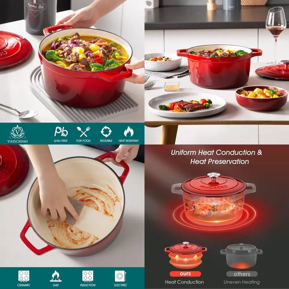 

6-Quart Enamel Cast Iron Dutch Oven with Lid and Dual Handles for Bread Baking, Heavy-Duty Non-Stick Round Dutch Oven, Suitable