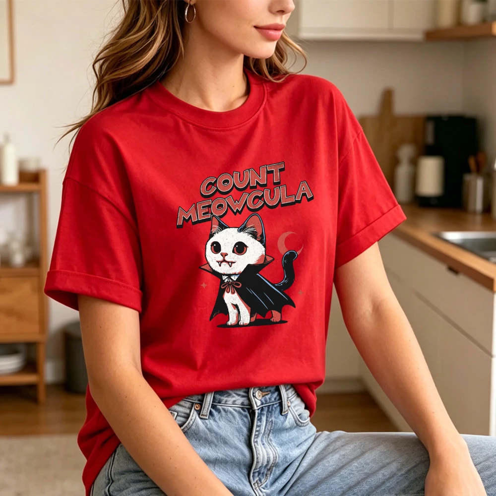 Retro Cartoon Vampire Cat Shirt Count Meowcula Halloween Kitten Crescent Moon Graphic Vintage Funny Animal Print Unisex Casual T