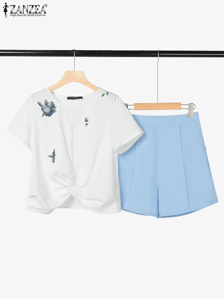 2025 ZANZEA Loose Women Sets Fashion Printed T Shirts Short Pants Matching Sets Summer Solid Elastic Waist Shorts Suits 2PCS