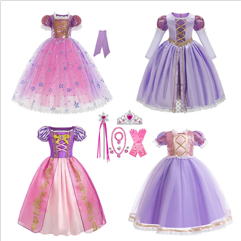 

Princess Skirt Long Hair Fairy Tale Cosplay Costume Puffy Tulle Performance Sofia Purple Dress for Girls Children's Wear