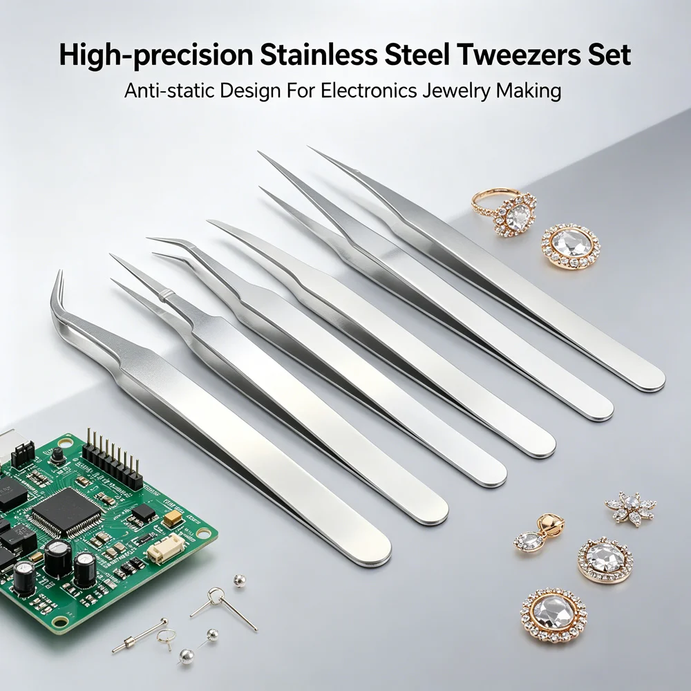 Antimagnetische Pinzetten aus Edelstahl, 6er-Set, feine gerade und gebogene Pinzetten für die Reparatur von Uhren, Telefonen und Leiterplatten