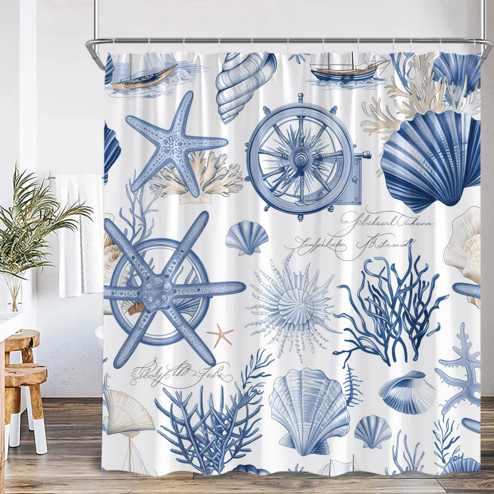 

Nautical Sea Blue Shower Curtain Seashell Coral Seafish Seaweed Rudder Conch Ocean Bathroom Decoration Polyester Bathtub Curtain