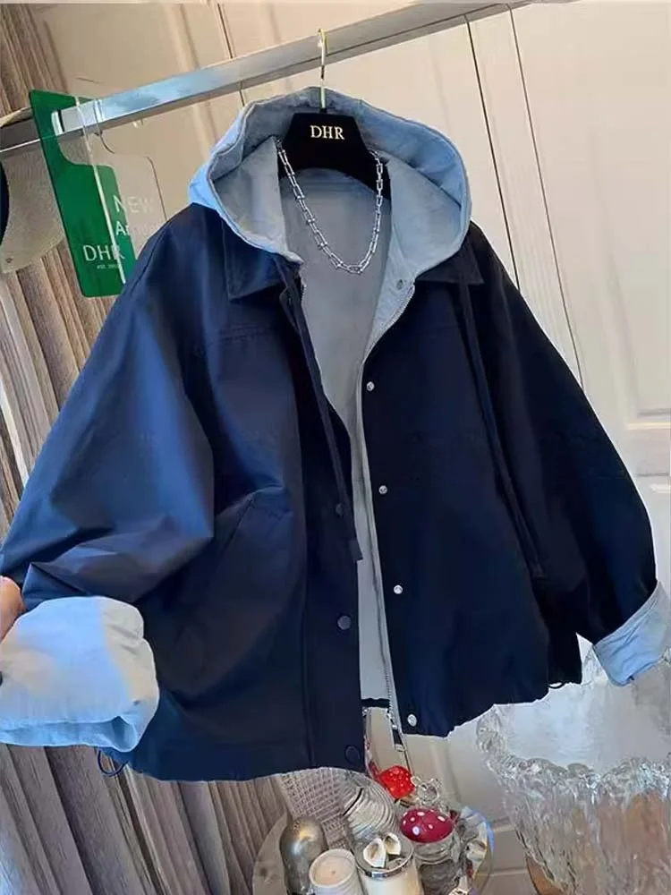 

Повседневная лоскутная рабочая одежда с капюшоном, весенне-осенняя женская утягивающая повседневная ветровка большого размера, модная