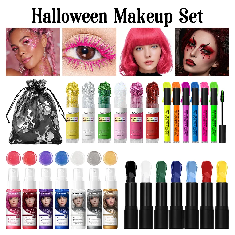 Halloween Makeup Set Safe Formula High Saturated Color Easy Remove Long-Lasting Neon Mascara Hair Spray for Cosplay Dress Up Kit