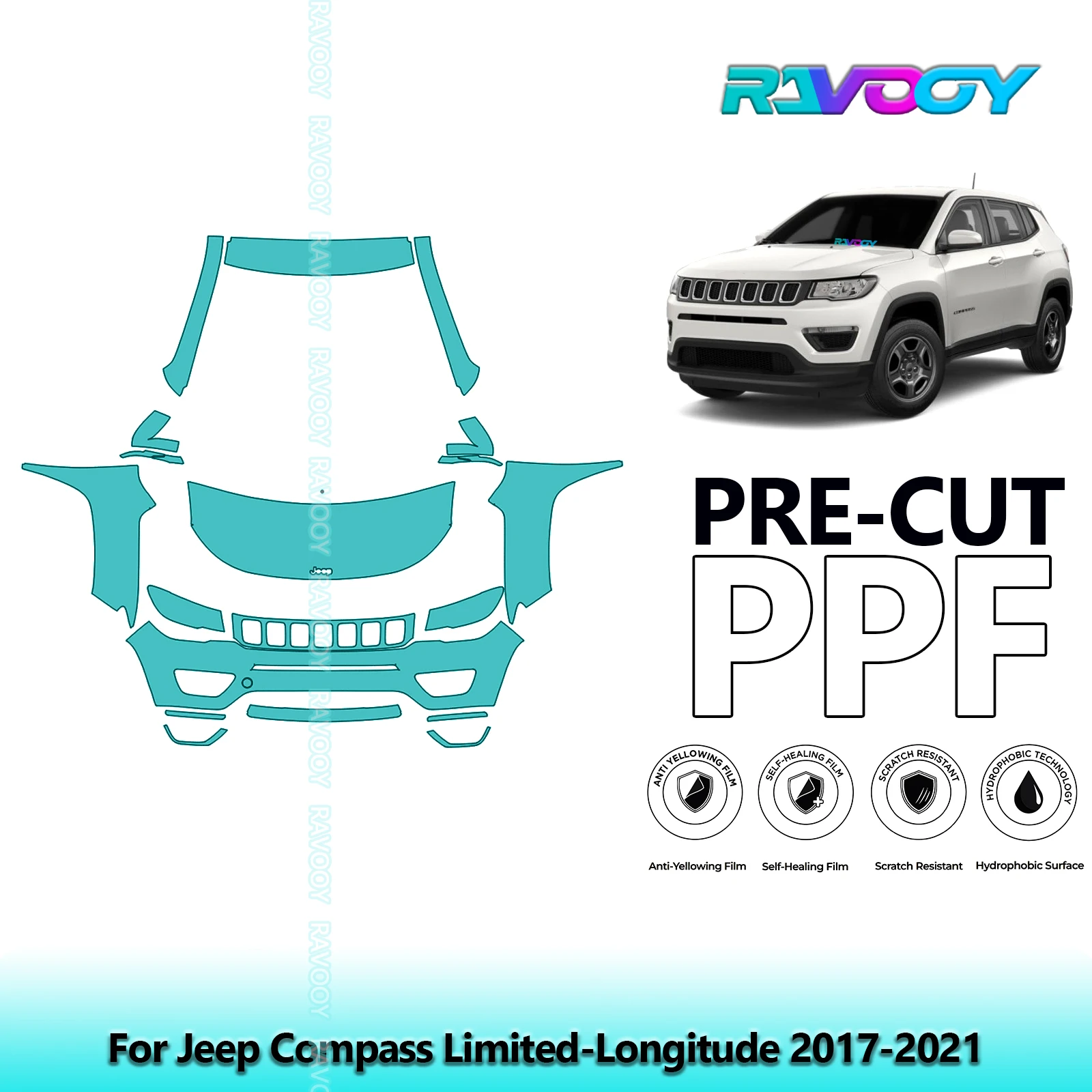 For Jeep Compass Limited-Longitude 2017-2021 Partial Front Pre-Cut Paint Protection Film PPF Stone Chip Kit | Clear/Matte/Black