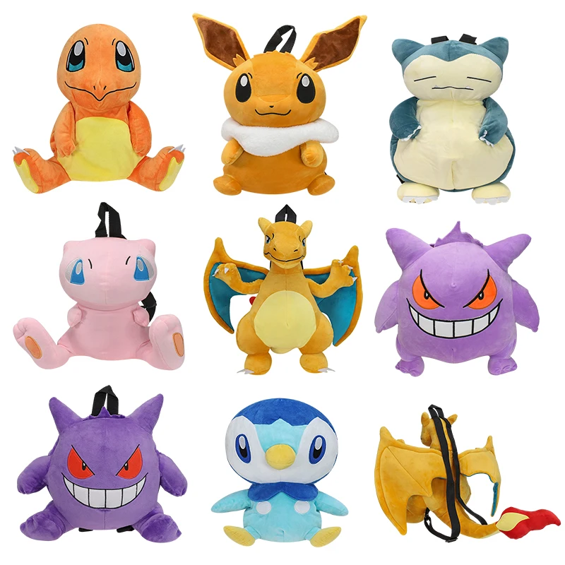 9 Styles Anime Pokemon Mimikyu Snorlax Gengar Charizard Eevee Plush Backpack Toys Charmander Piplup Mew Peluche Schoolbag