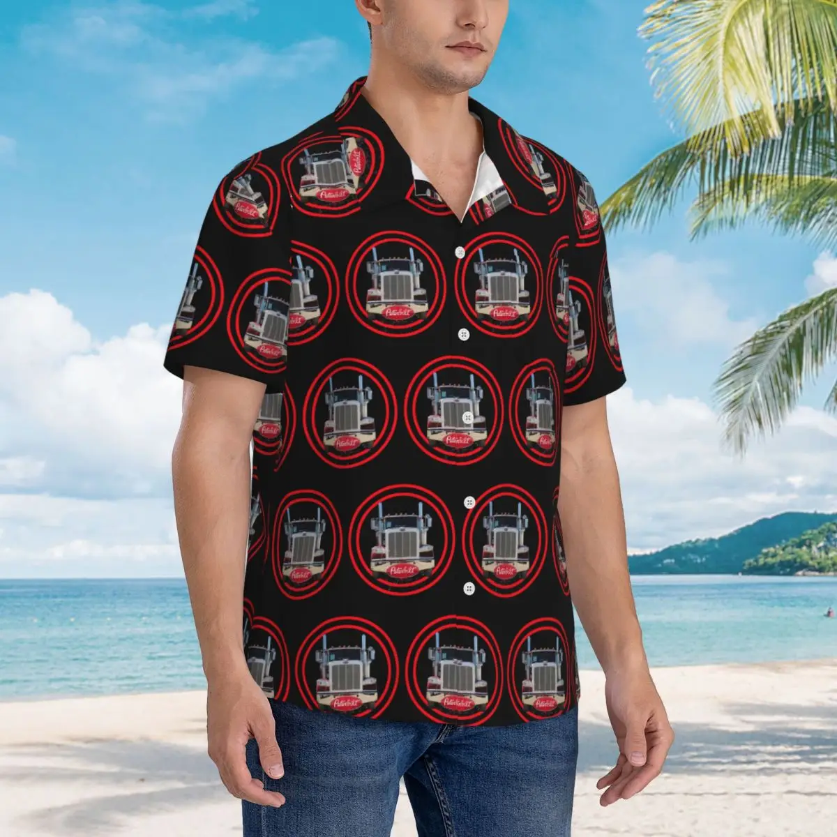 

Truck Logo Peterbilt Hawaiian Shirts Funny Men Short Sleeve Shirt for Summer Beach Men's Lapel Tops