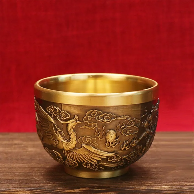 Good Luck Phoenix Cylinder Ornament Traditional Hand Carved Brass Drinking Cup Pure Brass Brass Feng Shui Bowl Living Room