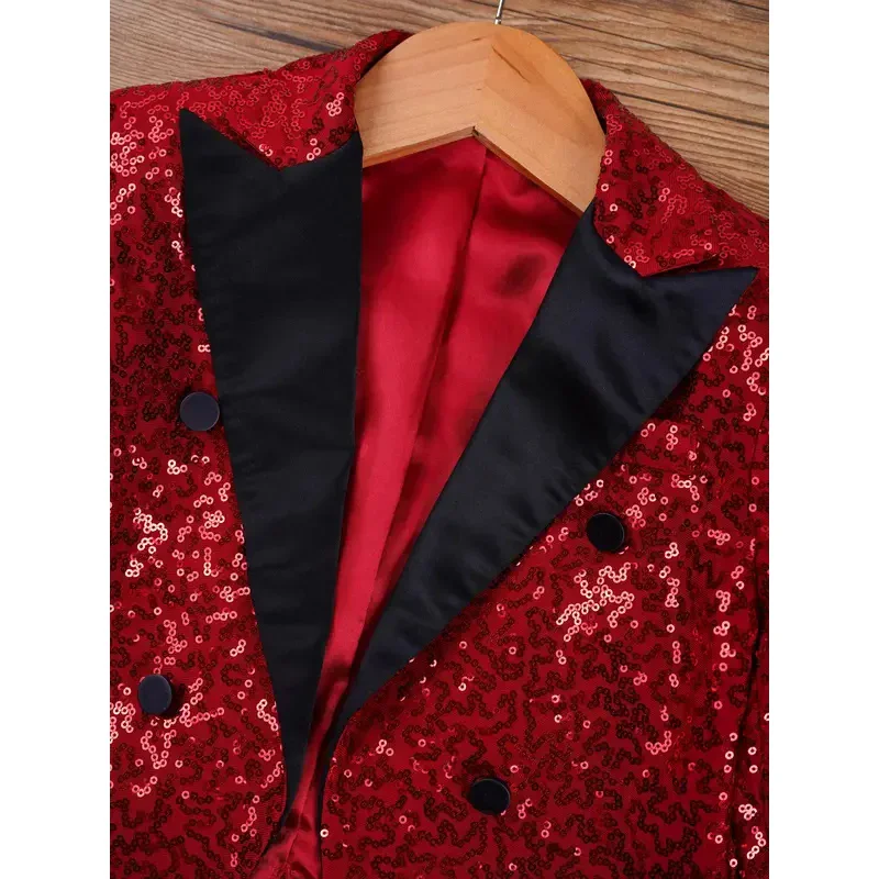 Abrigo de lentejuelas para chico, chaqueta de baile de Jazz, solapa brillante de satén, chaqueta de manga larga con frente abierto, trajes RaveParty Magic Show Outfit