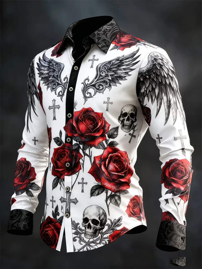 Gothic Dark Style Long Sleeve Shirt 3D Skull Red Rose Wing Cross Print Turn‑Down Collar Button‑Up Halloween Party Casual Shirts