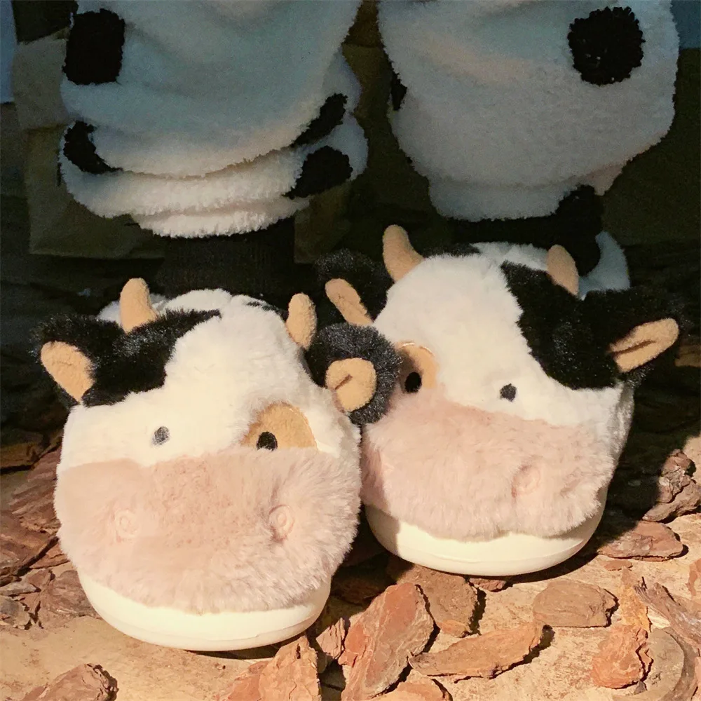 

New winter men's and women's cartoon cute cow warm soft-soled plush slippers couple indoor non-slip household cotton shoes