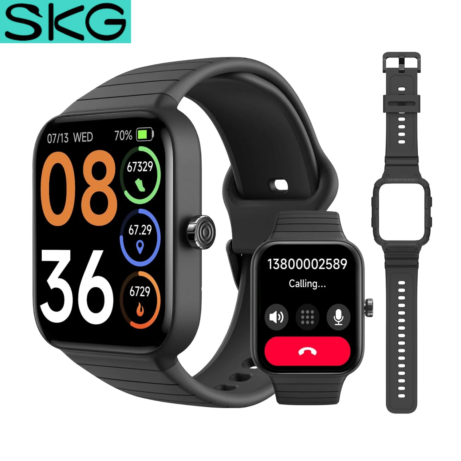 SKG V7 Cyber Smart Watch for Women Men (Answer/Make Call), Alexa Built-in, Extra Black Band, IP68 Smartwatch for Android iPhones