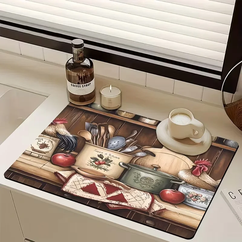 Bowl and Dish Drying Mat Top Cover Mat and Coffee Mat Rooster and Egg Kitchen Laundry Room Decoration Desktop Protection Mat