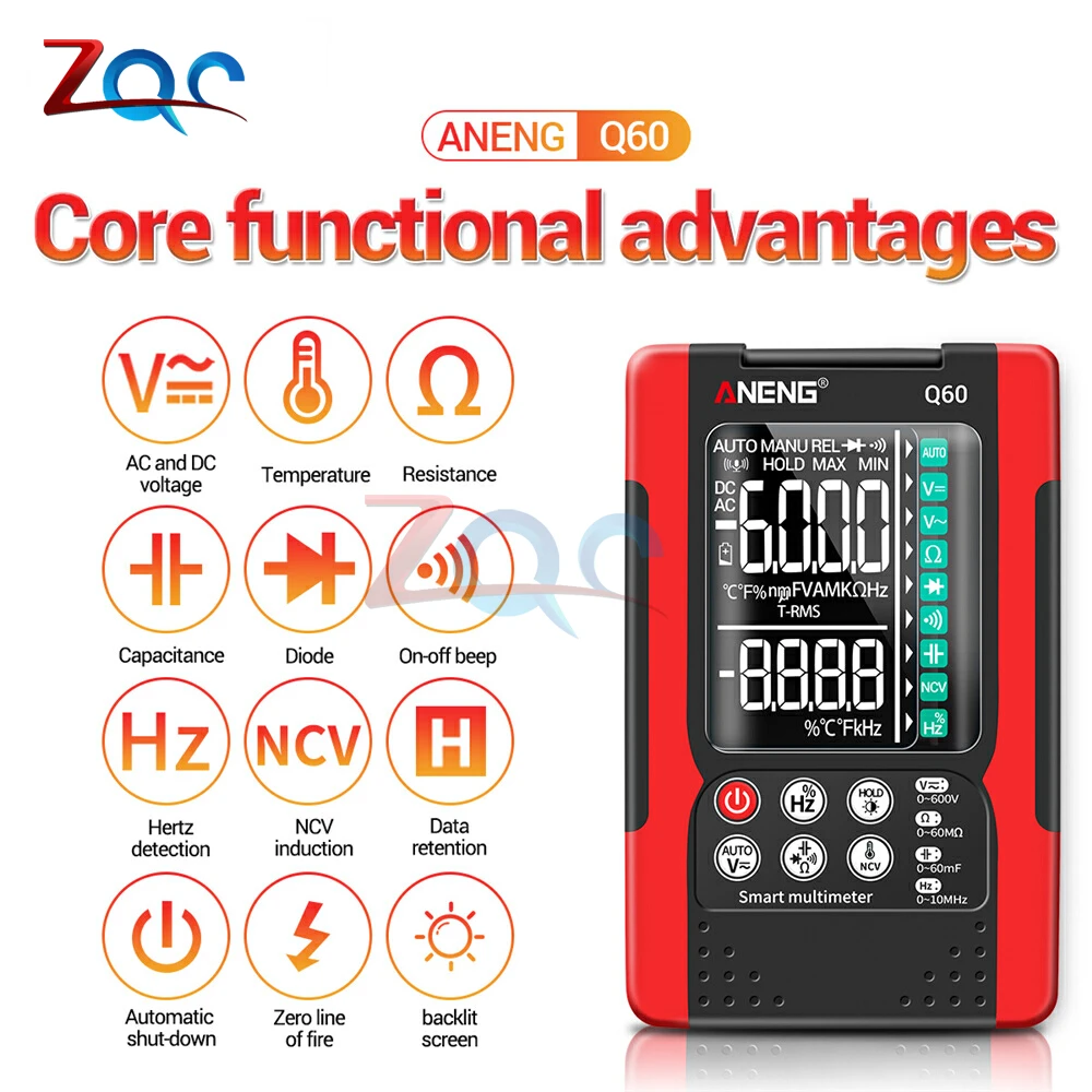 

Q60 Digital Mini Smart Multimeter 6000 Counts AI Speech Recognition Transistor Tester True RMS Auto Electrical Capacitance Meter