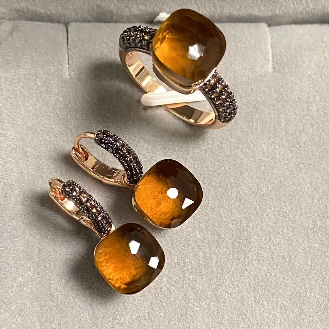 

2Pcs Black Gun Plated Brown Zircon Jewelry Set for Women Includes Ring Earrings Classic Candy Crystal Jewelry Matching Gift Idea