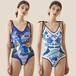 Reversível Tie-Ombro One-Piece Swimsuit, Sexy Beachwear, Vacation Wear, Liquidação