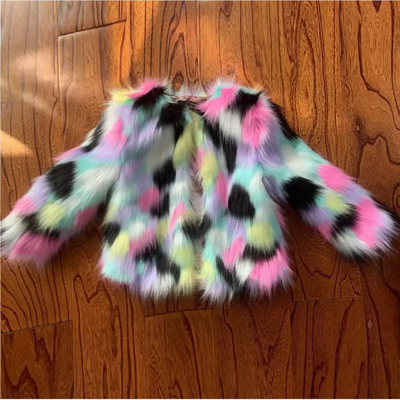 Baby Girls\' Fur Coat Autumn Kids Rainbow Color Clothing Children\'s Imitation Fox Fur Wool Outwear Thickened Winter Jacket 3-8Y