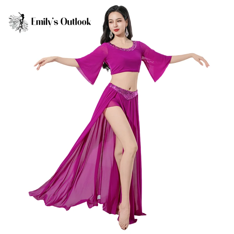 

Sparkle Bellydance Costume Oriental Dancer Stage Performance Outfit Long Sleeve Gauze Top Sexy Side Split Skirt Studio Show Red