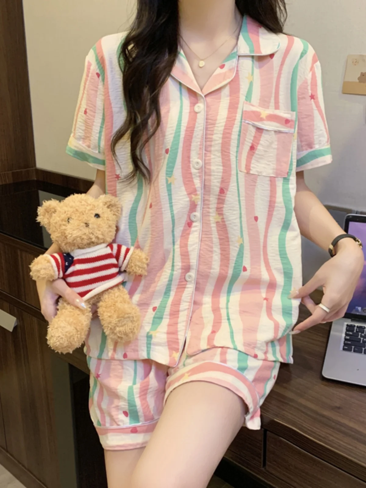

Summer Thin Cotton Spwear Set for Women ort Sve orts Cardigan Sweet Home Clothes Youth Suitable Printed Pattern