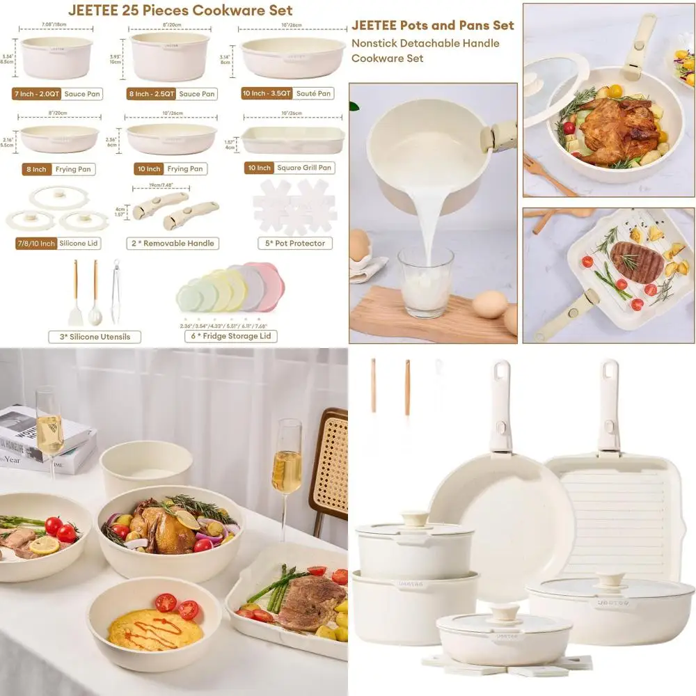 

Non-Stick Detachable Handle Cookware Set, 25-Piece Pots and Pans, Stackable for RV, Induction Compatible, Healthy Beige Kitchenw