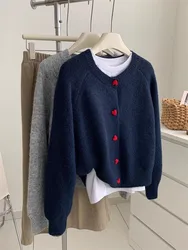 Cardigan lavorato a maglia in lana grigio scuro per donna in autunno inverno, morbido e appiccicoso, caldo, maniche a spalla con fibbia Love