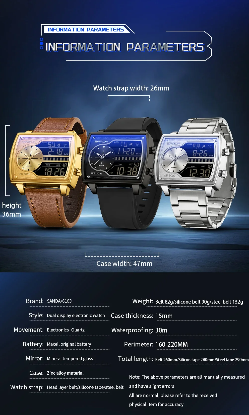 Fashion Sanda 6163 Luxury Men\'s Quartz Square Full Stainless Steel Countdown Sports Waterproof Dual Display Led Digital Watches