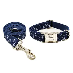 Personalized Dog Collar with Free Engraving, Matching Pet Leash,Customzied Contacts Metal Buckle,Navy Anchor Pet Collar