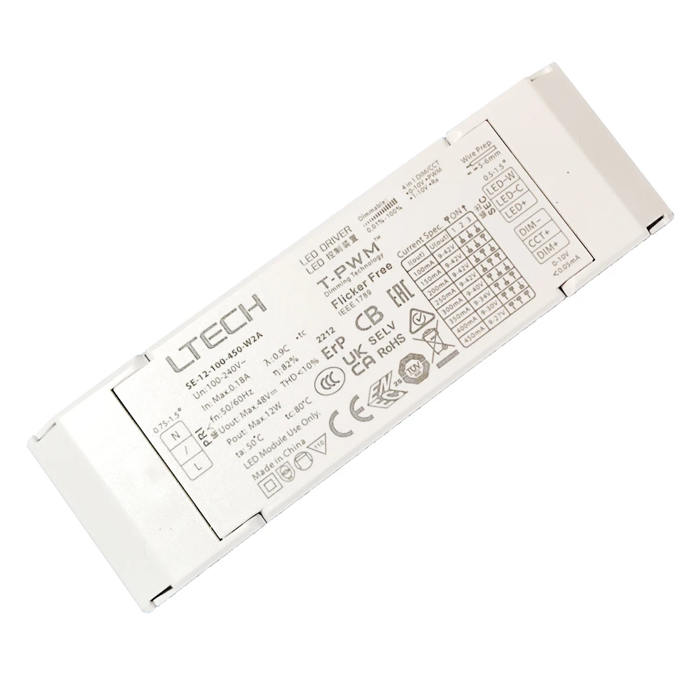 Sterownik ściemniania LED LTECH 12W 100mA-450mA CC Stały prąd CT CCT Przestrajalny biały 0-10V PWM/RX 100-240Vac Transformator oświetleniowy