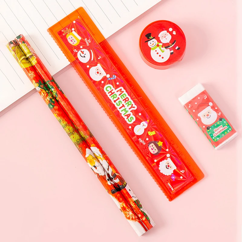 5pcs -1set Christmas Stationery Set Pencil Eraser Pencil Sharpener Ruler Pulling Edge Bag Student Specific Stationery Supplies