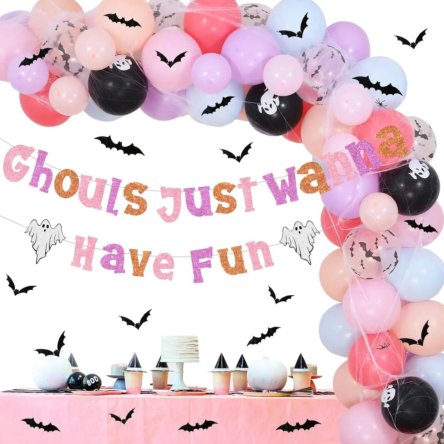 Pastel Halloween Party Decorations - Balloon Garland Arch Kit with Ghouls Just Wanna Have Fun Banner, Bat Stickers, Spider Web for Bachelorette Birthday Party Supplies