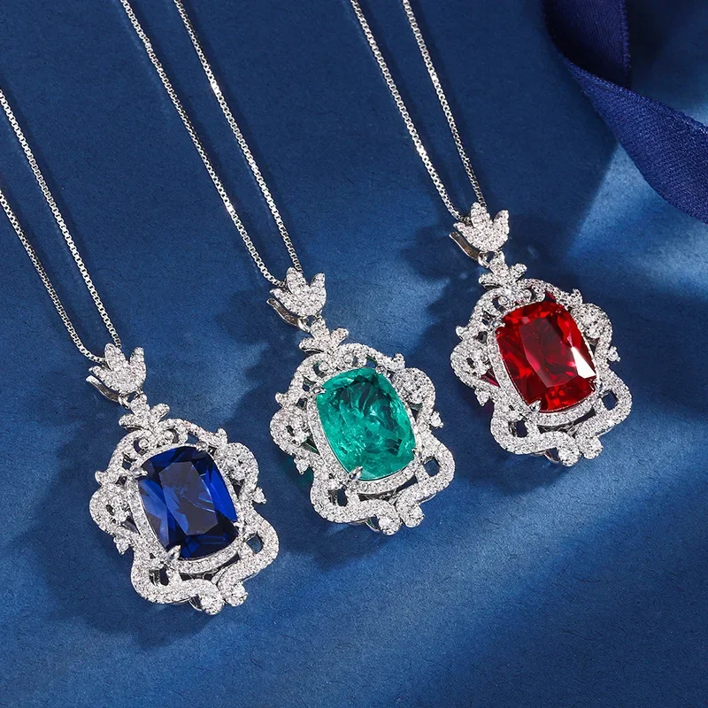 S925 Silver Plated 18K Gold Plated PT950 Platinum Emerald Red Corundum Hao Inlaid Fat Square 12*16 Pendant Necklace for Women