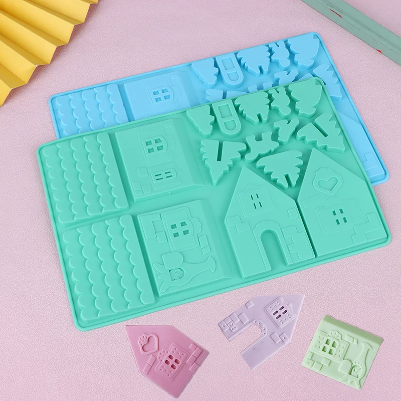 Silicone Building Block Christmas House Chocolate Mold Gingerbread House Cookie Mold For Cake Fudge Christmas Decor Baking Tool