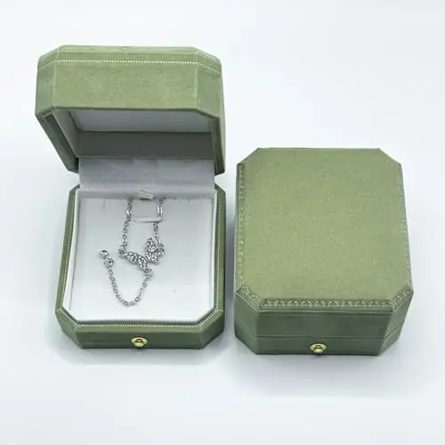 Green Octagonal Velvet Jewelry Box With Hinged Lid For Necklace Or Ring Storage In Wedding Proposal Events