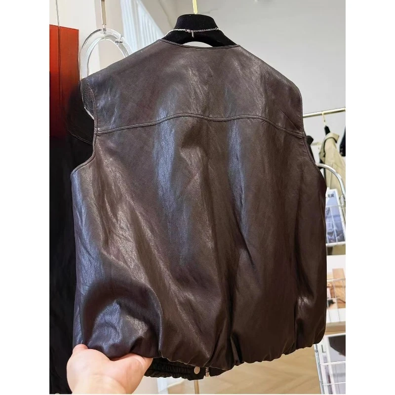 Giacca da donna in PU con scollo tondo vintage a vento, cappotto autunnale senza maniche in ecopelle per donna