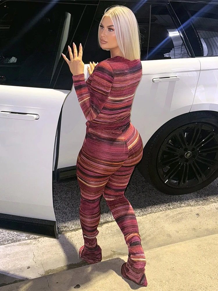 CUtenew カジュアル カラフル ストライプ 2 ピース セット 女性スポーティー秋クロップトップス + レギンスマッチングタイトストレッチトラックスーツストリートウェア