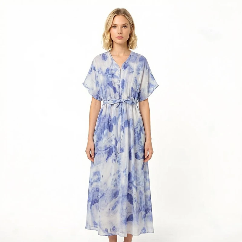 Women Dress 100% Mulberry Silk Crepe Dress V Neck Belted Waist Blue Printed Loose A-Line Long Dress 2026 Summer M1357