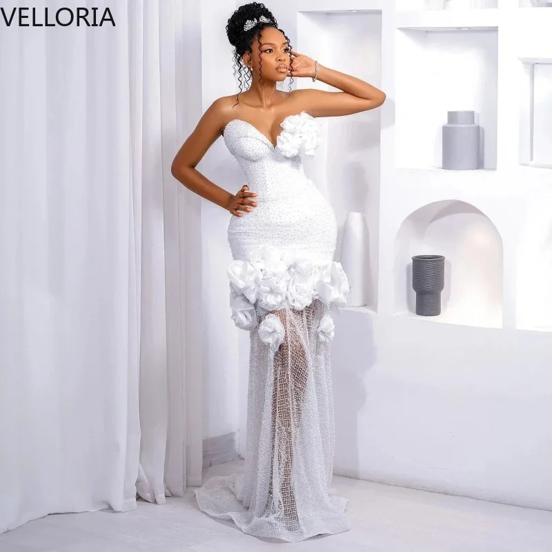 

White Mermaid Evening Dress Sweetheart Beaded Sequin 3D Flower Ruffle Formal Gown African Woman Plus Size Wedding PromCustomized