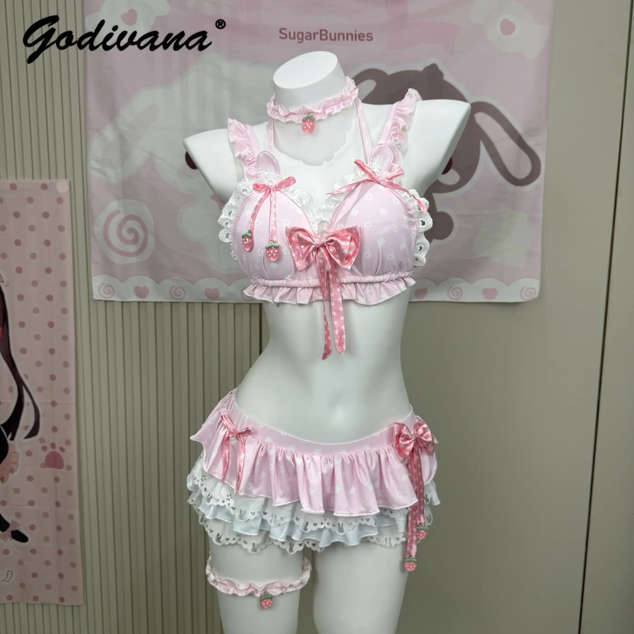 New Summer Female Girls Sweet Split Two-piece Set Swimwear Lolita Cute Strawberry Swimsuit Sexy Bikini Sets