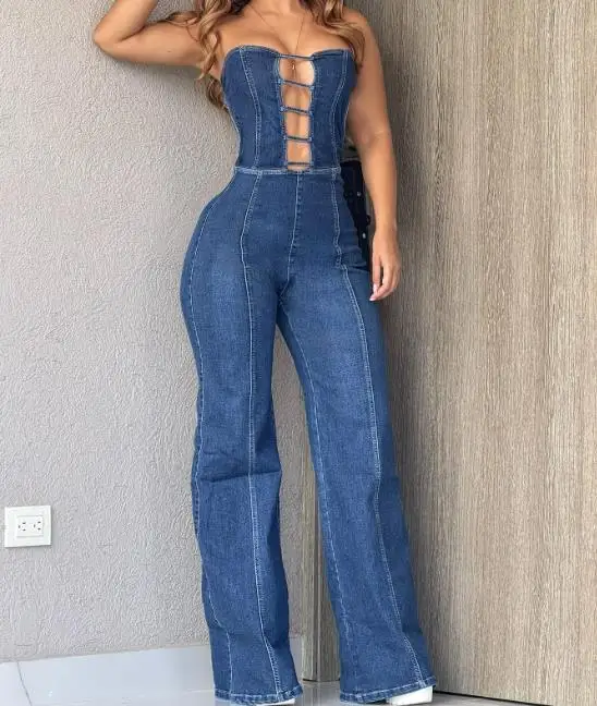 

Jumpsuit Women 2026 Spring New Solid Color Hollow Out Front Sexy Backless Slim Fit High Waist Casual Straight Leg Denim Jumpsuit