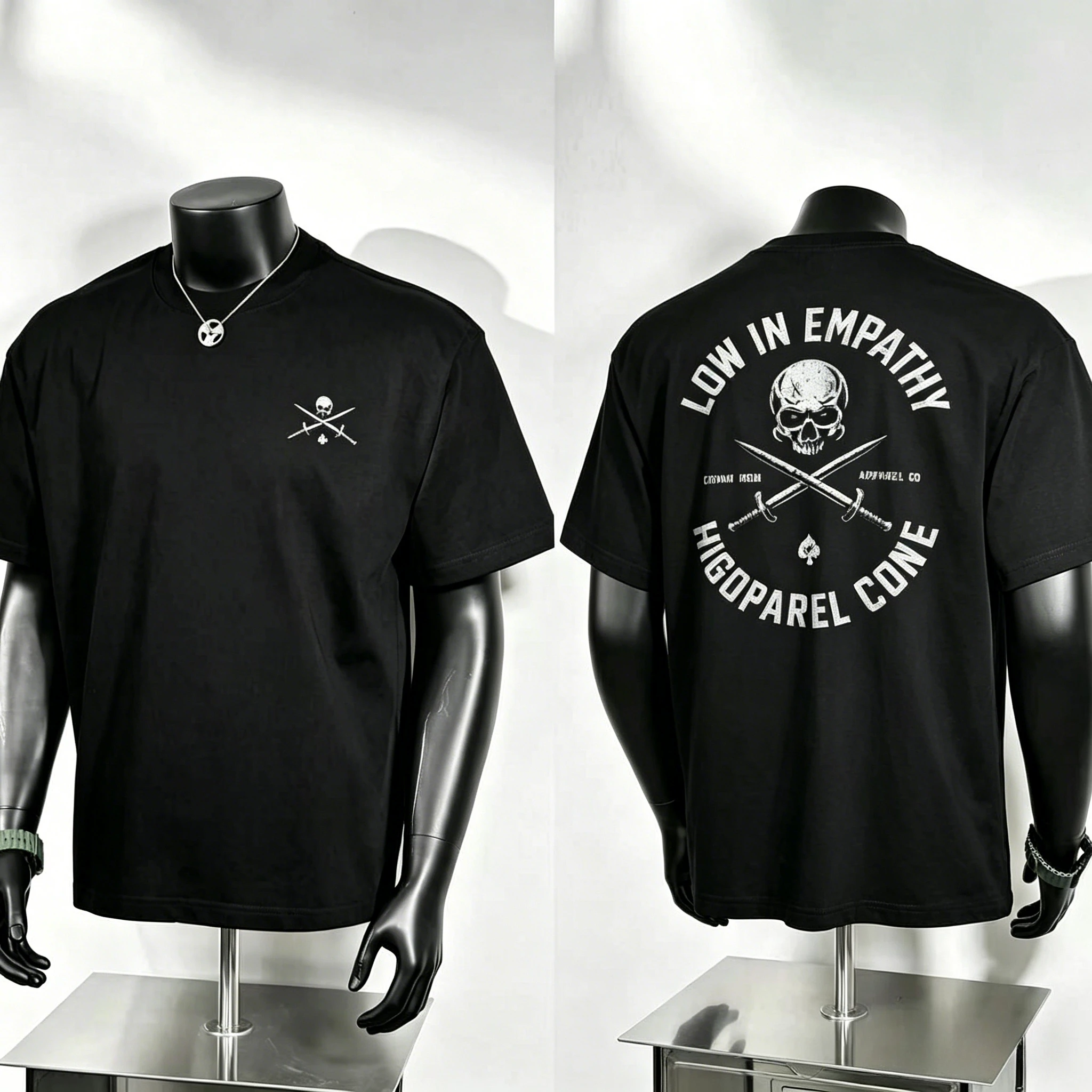 Pirate Skull Crossed Swords T Shirt, Retro Worn‑Effect Skull Art with Spade Symbol Back Print, Edgy Gothic Street Tee